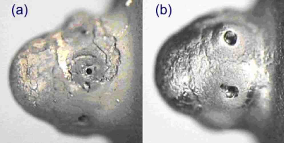 Microscope images of a nozzle tip, deposits visible on the left