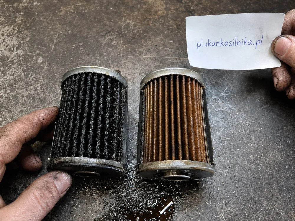 Two cut open oil filter elements side by side: the left one black with soot, the right one glazed brown with varnish