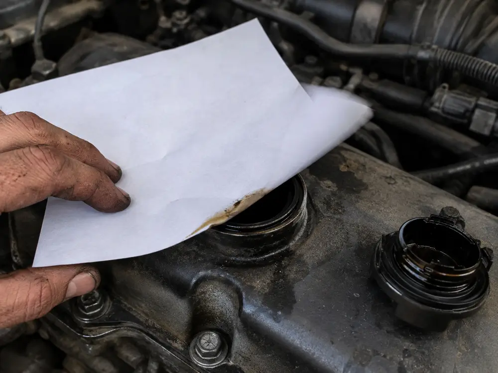 A sheet of white paper laid over the open oil filler of a running engine